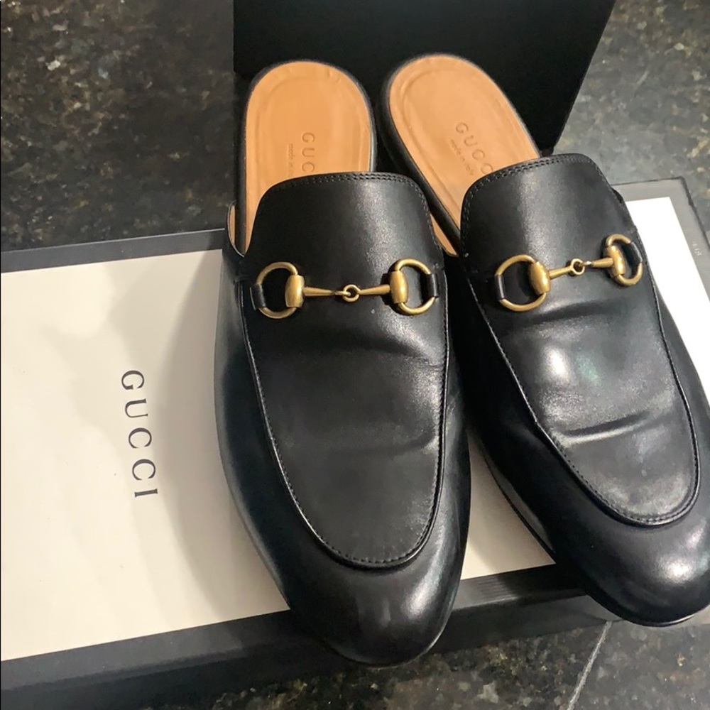 Gucci Black Leather Horsebit Mule Flats with Gold Hardware